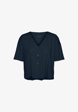 Blusa a maniche corte blu navy con scollo a V, bottoni frontali e vestibilità ampia. Realizzata in un tessuto liscio e leggero con orlo corto.