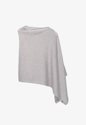 Shawl grigio chiaro realizzato in tessuto morbido, caratterizzato da un design drappeggiato con bordi angolati e una piccola etichetta con il marchio nell'angolo in basso.