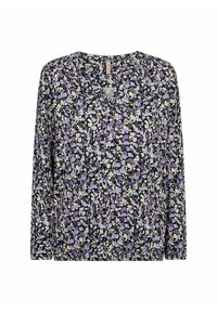 Long-sleeve blouse in lightweight fabric, featuring a black background with purple and green floral patterns, and a V-neckline.