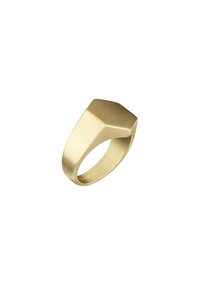 Anello color oro con un design geometrico, presenta una superficie superiore piatta e angolare con una finitura liscia e opaca. Incisione del marchio all'interno della fascia.