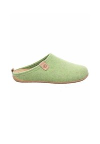 Zelený filcový bačkora s texturovaným povrchem, zaobleným tvarem a hnědou koženou štítkem. Měkký interiér a minimalistický design.