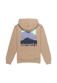Hooded sweatshirt in beige with a multi-color mountain graphic on the back, featuring shades of green, purple, and navy. Soft fabric texture.