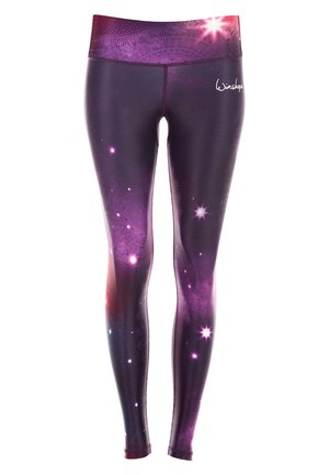 Leggings van gladde stof met een verloop van donkerpaars naar roze. Het ontwerp bevat sterachtige accenten en ingewikkelde patronen op de tailleband.