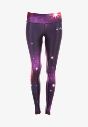 Leggings van gladde stof met een verloop van donkerpaars naar roze. Het ontwerp bevat sterachtige accenten en ingewikkelde patronen op de tailleband.