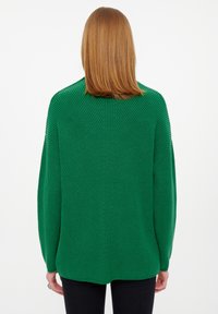 Grüner Strickpullover mit gerippter Textur, weiten Ärmeln, lockerer Passform und einer vertikalen Nahtdetails auf der Rückseite.