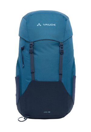 Sac à dos Vaude Jura 32 en teal et bleu marine, avec des bretelles ajustables, un grand compartiment principal, des poches latérales et une fermeture à rabat sur le dessus.