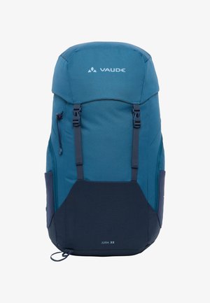 Sac à dos Vaude Jura 32 en teal et bleu marine, avec des bretelles ajustables, un grand compartiment principal, des poches latérales et une fermeture à rabat sur le dessus.