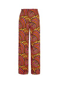Kalhoty s širokými nohavicemi v živém vzoru růžové, oranžové, žluté a černé barvy. Design obsahuje plynulé zakřivené linie a volný střih.