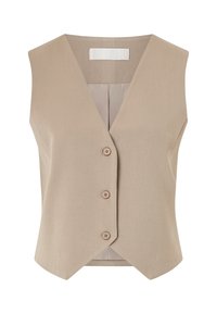 Beżowa kamizelka bez rękawów z dekoltem w serek, zapięciem na trzy guziki z przodu i gładką fakturą. Charakteryzuje się prostym, schludnym wzorem bez nadruków.