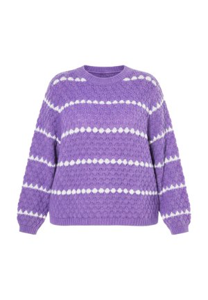 Jersey de punto morado con rayas horizontales punteadas blancas, mangas largas y cuello redondo, mostrado sobre un fondo blanco.