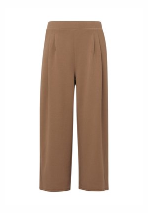 Bruine wijde cropped broek met een hoge tailleband en subtiele plooien aan de voorkant, afgebeeld op een effen witte achtergrond.