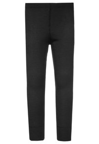 Schwarze Leggings aus dehnbarem Stoff mit glatt-texturiertem Finish. Figurbetontes Design mit hohem Bund und genähten Nähten entlang der Beine.