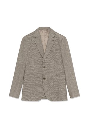 Šviesiai smėlio spalvos tekstūruotas švarkas su dviem priekiniais mygtukais, įpjautomis atlapomis ir lygiu šviesaus smėlio vidiniu pamušalu, išdėliotas plokščiai ant balto fono.