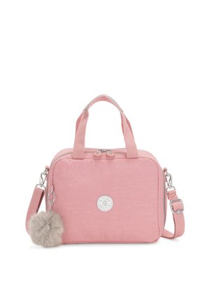 Borsa in tessuto rosa con forma rettangolare, dotata di manici corti e di una tracolla staccabile. Caratteristica hardware in argento e un charm a pompon di pelliccia.