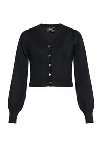 Cardigan negru tricotat cu decolteu în V, închidere cu nasturi și mâneci lungi voluminoase. Are manșete cu dantelă și o margine scurtă.