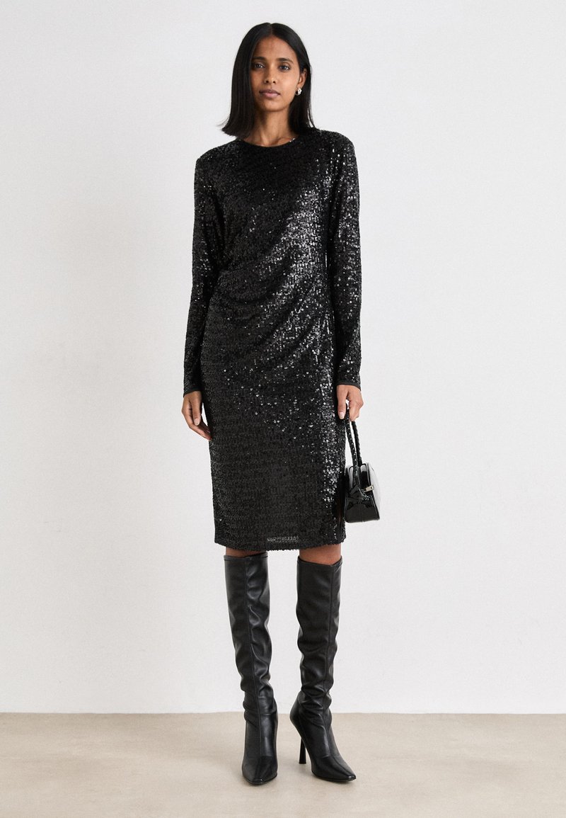 dkny black sequin dress DKNY Women's Long Sleeve Sequin Shift Dress
