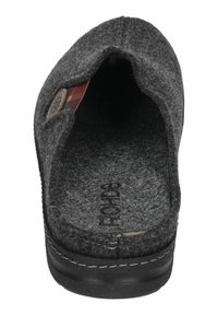 Grå sko i slip-on stil med åben ryg, der har en tekstureret indvendig sål og en sort gummiydersål. Indvendigt vises der detaljer med ternet for.