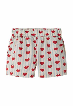 Lyseblå og hvide stribede shorts med røde hjertemønstre og en samlet elastisk talje.