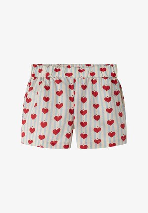 Lyseblå og hvide stribede shorts med røde hjertemønstre og en samlet elastisk talje.