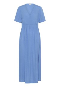 Helles blaues Maxikleid mit kurzen Ärmeln, einem V-Ausschnitt und einer taillierten Silhouette. Hergestellt aus strukturiertem Stoff mit dezenten, gepunkteten Mustern.