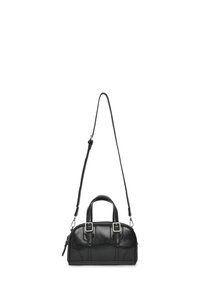 Borsa a mano in pelle nera con due manici superiori, tracolla rimovibile, hardware argentato, forma curvata e superficie texture.