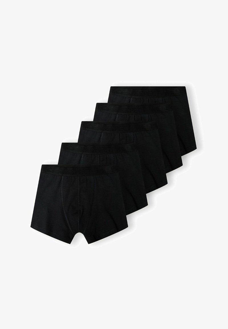 Melnu kokvilnas bokseru šortos komplekts ar piecu gabalu, ar elastīgu jostas vietu un bez redzamām rakstu vai logo, kas nodrošina gludu, matētu tekstūru.