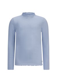 Hellblau gestreiftes Langarmshirt mit hohem Rüschkragen und gewelltem Saum. Aus weichem, dehnbarem Material für zusätzlichen Komfort.