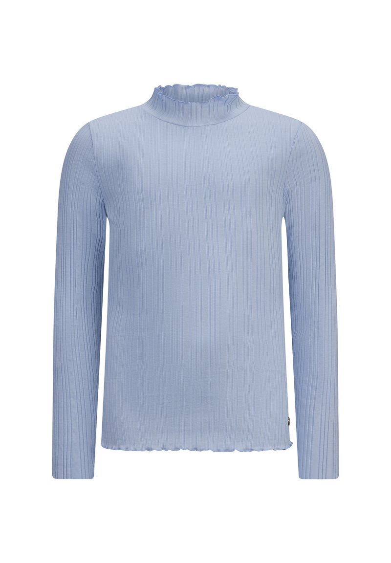 Hellblau gestreiftes Langarmshirt mit hohem Rüschkragen und gewelltem Saum. Aus weichem, dehnbarem Material für zusätzlichen Komfort.