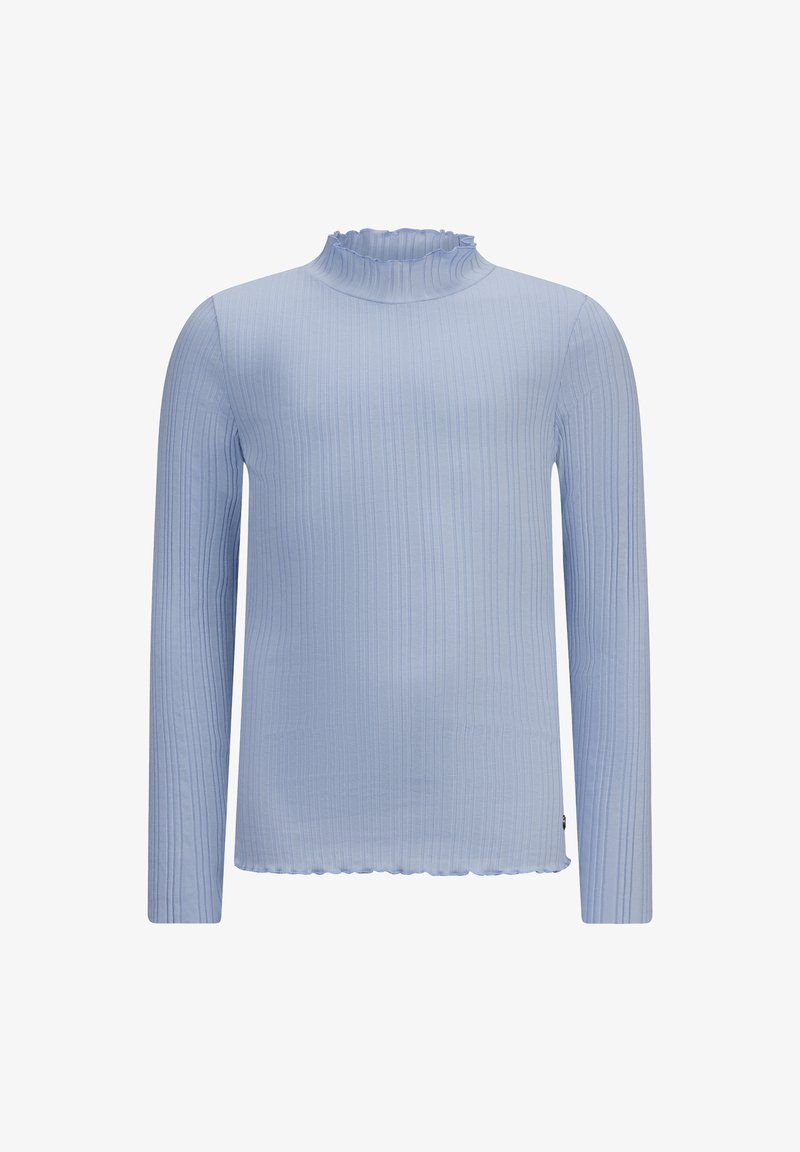 Hellblau gestreiftes Langarmshirt mit hohem Rüschkragen und gewelltem Saum. Aus weichem, dehnbarem Material für zusätzlichen Komfort.