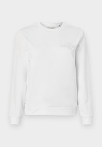 Λευκό μακρυμάνικο φούτερ με στρογγυλή λαιμόκοψη, ριμπ μανσέτες και τελείωμα, με ανεπαίσθητο ανάγλυφο λογότυπο στο πάνω αριστερό μέρος του στήθους.