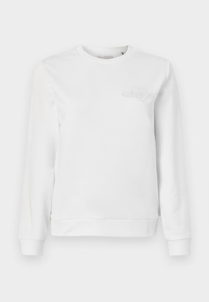 Sweatshirt branco de gola redonda feito de algodão macio. Apresenta punhos e bainha canelados. Um logótipo bordado discreto está posicionado no lado esquerdo do peito.