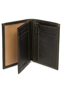 Black leather wallet with yellow stitching; features slots for cards, a zippered compartment, and an open section for cash.