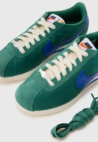Zelene sintetičke tenisice s plavim detaljima, kremastim vezicama i bijelim potplatom. Imaju istaknuti Nike logo i teksturiranu gornjište. Uključena je dodatna zelena vezica.