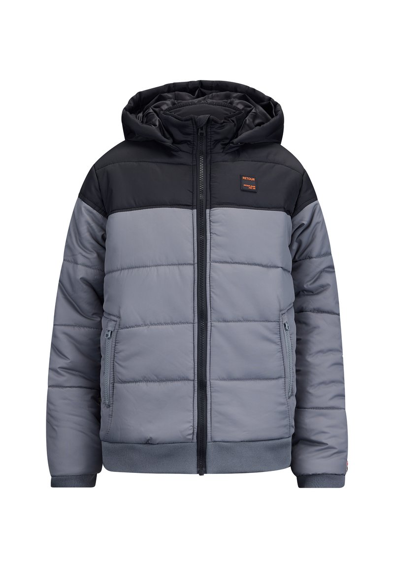 Pufferjacke mit einem schwarzen oberen Bereich und einem grauen unteren Bereich. Sie verfügt über eine Kapuze, einen Frontreißverschluss und zwei seitliche Taschen mit elastischen Bündchen.