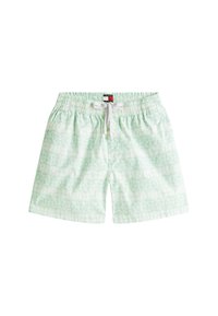 Pantaloni da bagno verde chiaro con un motivo astratto bianco. Dotati di una cintura elastica, cordoncino e tasche laterali. Tessuto morbido e traspirante.