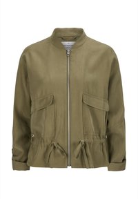 Olivgrüne Bomberjacke mit Reißverschluss, rundem Ausschnitt, zwei Vorderaschen, Kordelzug in der Taille und glatter Stoffoberfläche.