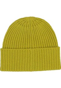Berretto lavorato a maglia in un vivace giallo-verde, caratterizzato da una texture a costine e un risvolto piegato. La parte superiore presenta una finitura senza cuciture con una leggera arricciatura.