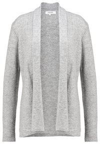 Šedý svetr vyrobený z měkké tkaniny, s otevřeným předním dílem, dlouhými rukávy a volným střihem. Minimalistický design bez zapínání.
