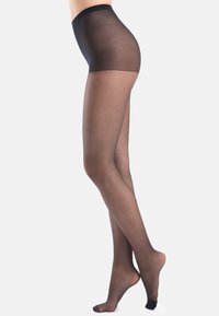 Collant neri trasparenti con una texture liscia, dotati di un design a vita alta e punta aperta. Offrono una finitura leggera e traslucida.