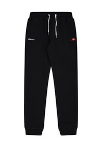 Pantalones de chándal negros hechos de tela suave, con una cintura elástica con cordones, puños acanalados y un pequeño logo bordado en la pierna izquierda.