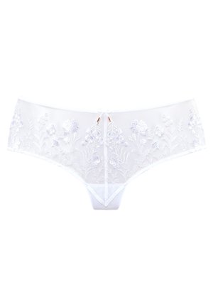 White sheer lace women's underwear with floral embroidery and a small bow detail at the front center.