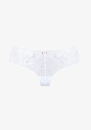 White sheer lace women's underwear with floral embroidery and a small bow detail at the front center.
