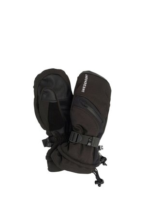 Un par de manoplas de esquí negras Swedemount con correas para las muñecas, hebillas ajustables y un bolsillo con cremallera.