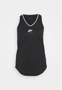 Black sleeveless tank top with a round neckline, featuring a white Nike logo and printed text. Made of moisture-wicking material.