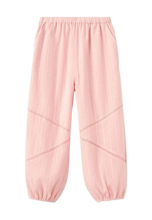 Pantalon ample rose clair avec taille et poignets élastiques, avec des inserts en dentelle diagonaux sur les jambes et des poches latérales.