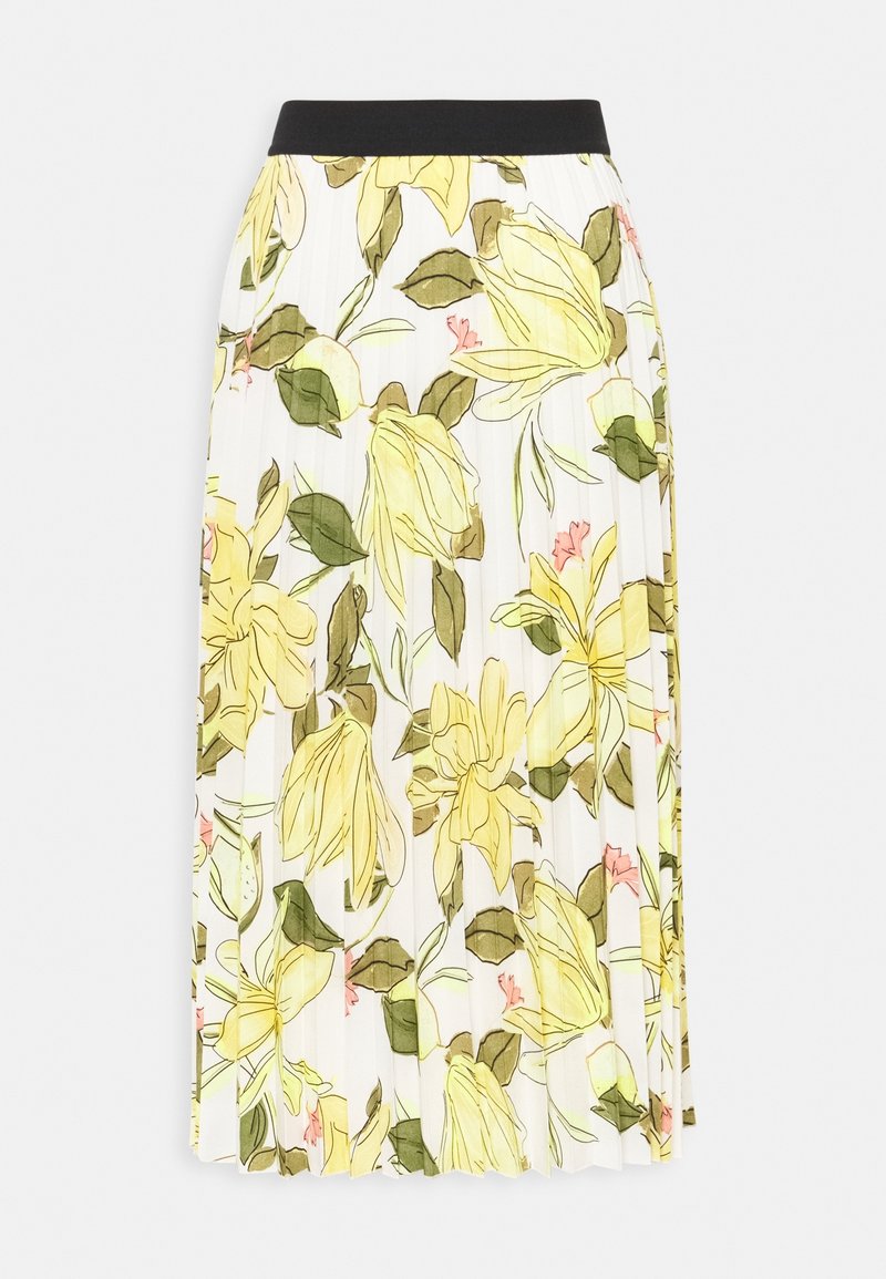 Udsvinget midi-nederdel med plisseret design, der har gule blomster mønstre på en hvid baggrund. Sort elastisk talje.