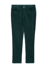 Ciemnozielone spodnie w kord sztruksowym o slim fit. Do cech należy podwójna kieszeń z przodu, metalowe zapięcie oraz teksturowana tkanina.