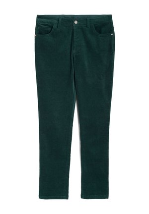 Ciemnozielone spodnie w kord sztruksowym o slim fit. Do cech należy podwójna kieszeń z przodu, metalowe zapięcie oraz teksturowana tkanina.