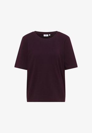 Burgundowa koszulka z krótkim rękawem wykonana z miękkiej bawełny, z okrągłym dekoltem i luźnym krojem. Brak wzorów lub ozdób. Widoczna metka marki.