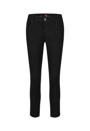 Zwarte slim-fit jeans met voorzakken, riemlussen en knoopsluiting, getoond tegen een witte achtergrond.
